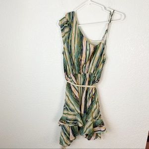 Free People One-Shoulder Striped Ruffle Mini Dress in Green and Cream